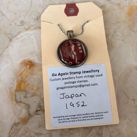 1952 Japan Stamp Pendant Necklace NWOT 22” Chain - Picture 2 of 5